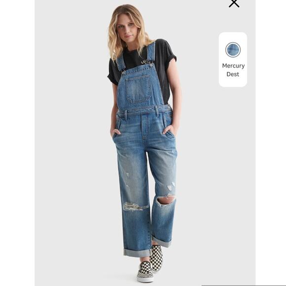 Lucky Brand Denim Boyfriend Distressed Overall Jeans Size Medium - Picture 1 of 15